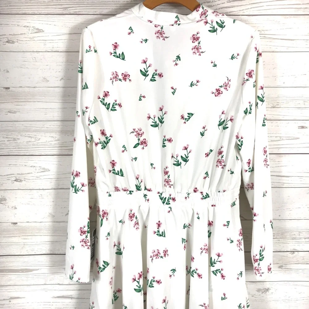 Express Dress NEW Floral Tie Neck Gathered Waist - Picture 5 of 7